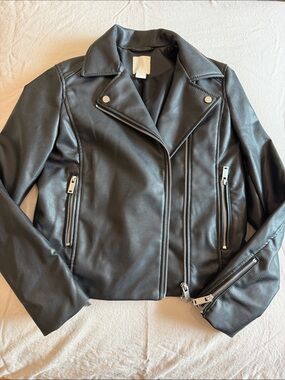 H&M Black Faux Leather Moto Jacket with Silver Hardware
